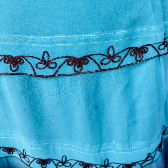 DEBBIE SHUCHAT Artsy Skirt Turquoise Brown Silk Tiered MIDI Lined Size M - Picture 5 of 5